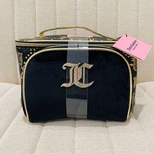 NEW Juicy Couture 2‎ Piece Set Black and Gold Velour Makeup Bag Travel Case